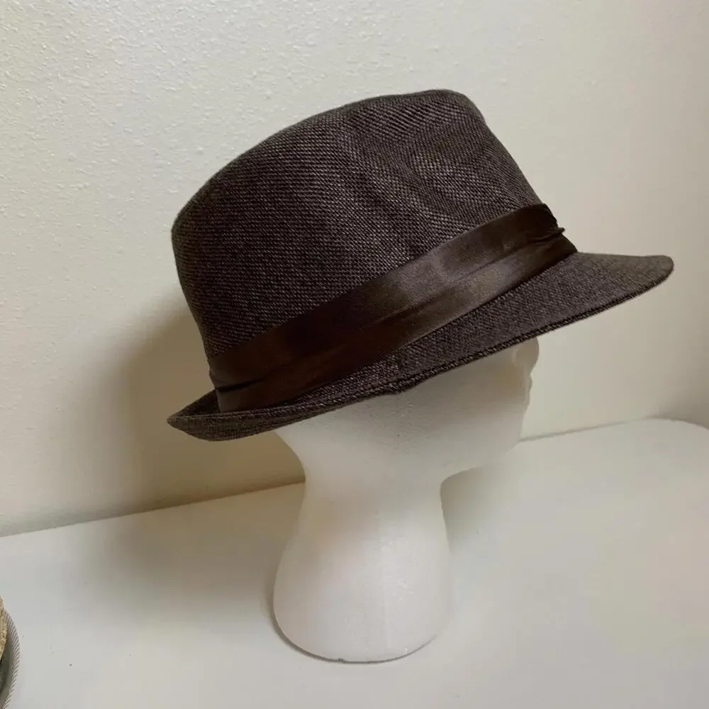 Straw Fedora Hat Trilby Cap Dark Brown Summer Beach Sun Panama Men Women